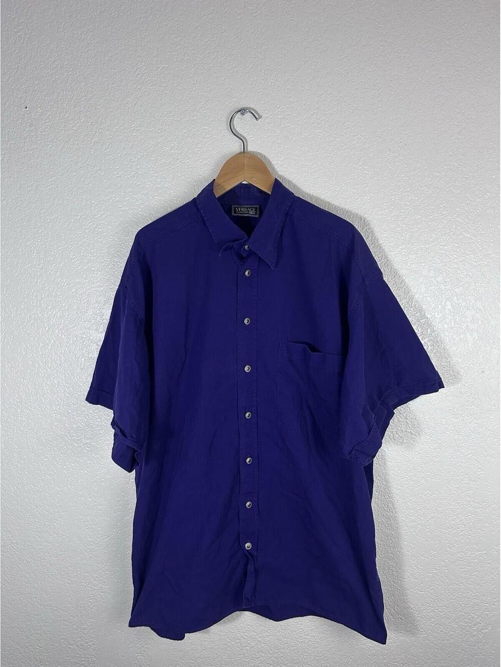 Versace Classic V2 Button Up Shirt Purple Short Sleeve Medusa Era – Size XL